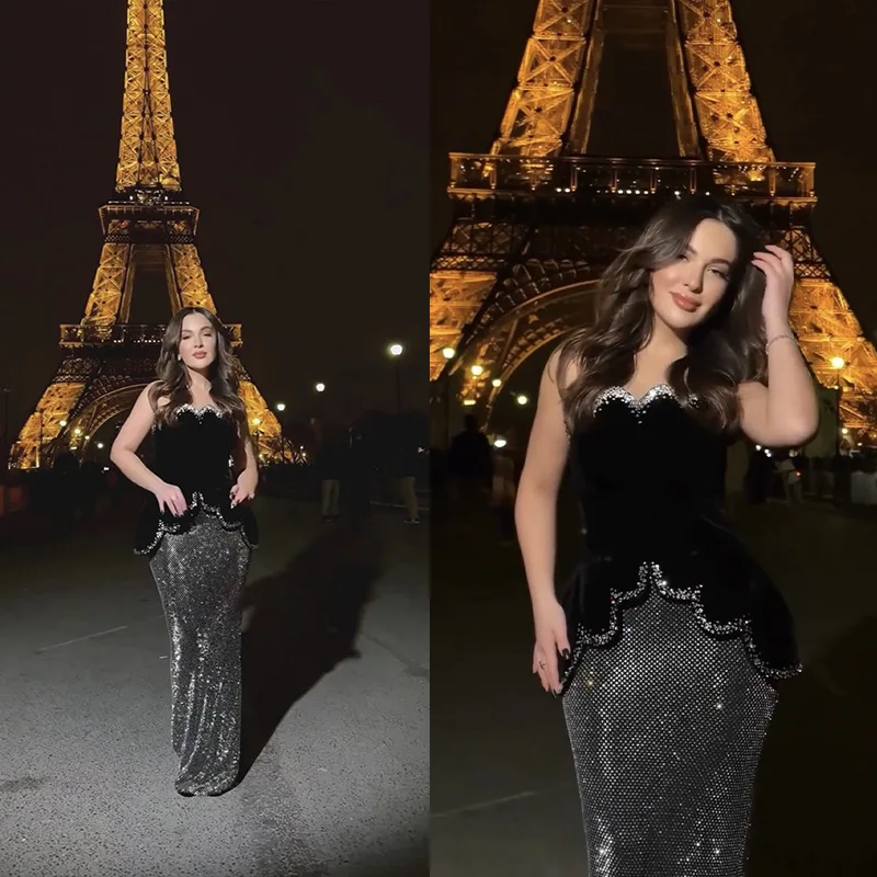 

Modern Black Evening Party Dress Two Pieces Strapless Crystal Beads Sheath Prom Formal Gowns Banquet Dresses Robe De Soiree