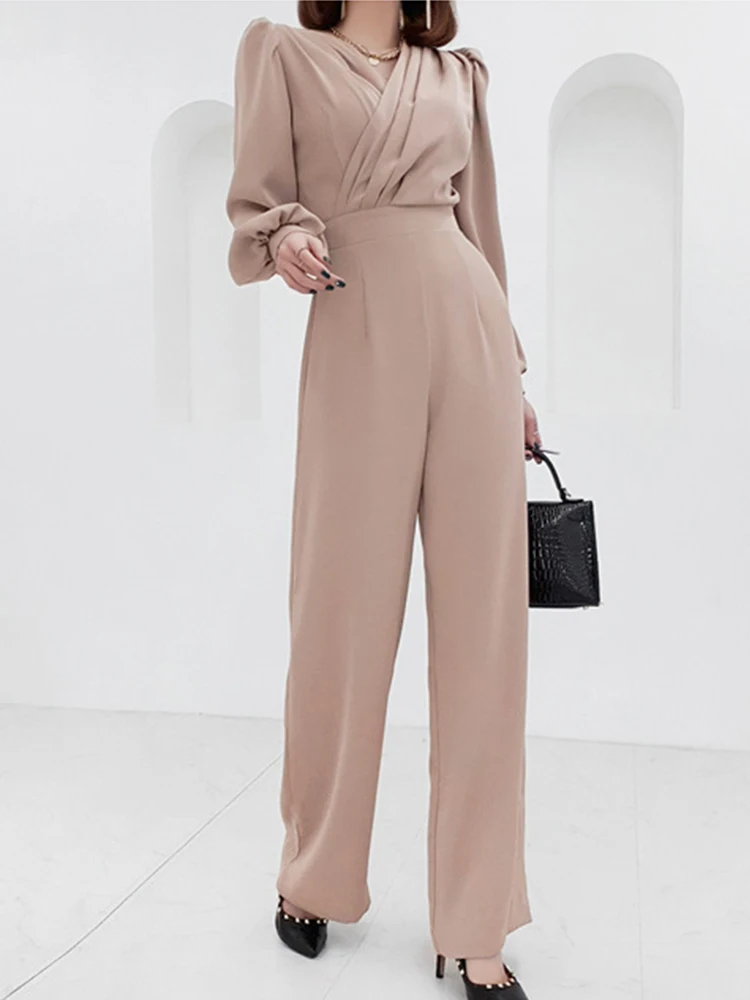 New Fashion Spring Autumn One Piece Long Jumpsuits Women Clothes Elegant Formal Solid V-Neck Female Mujer Wide Leg Loose Rompers