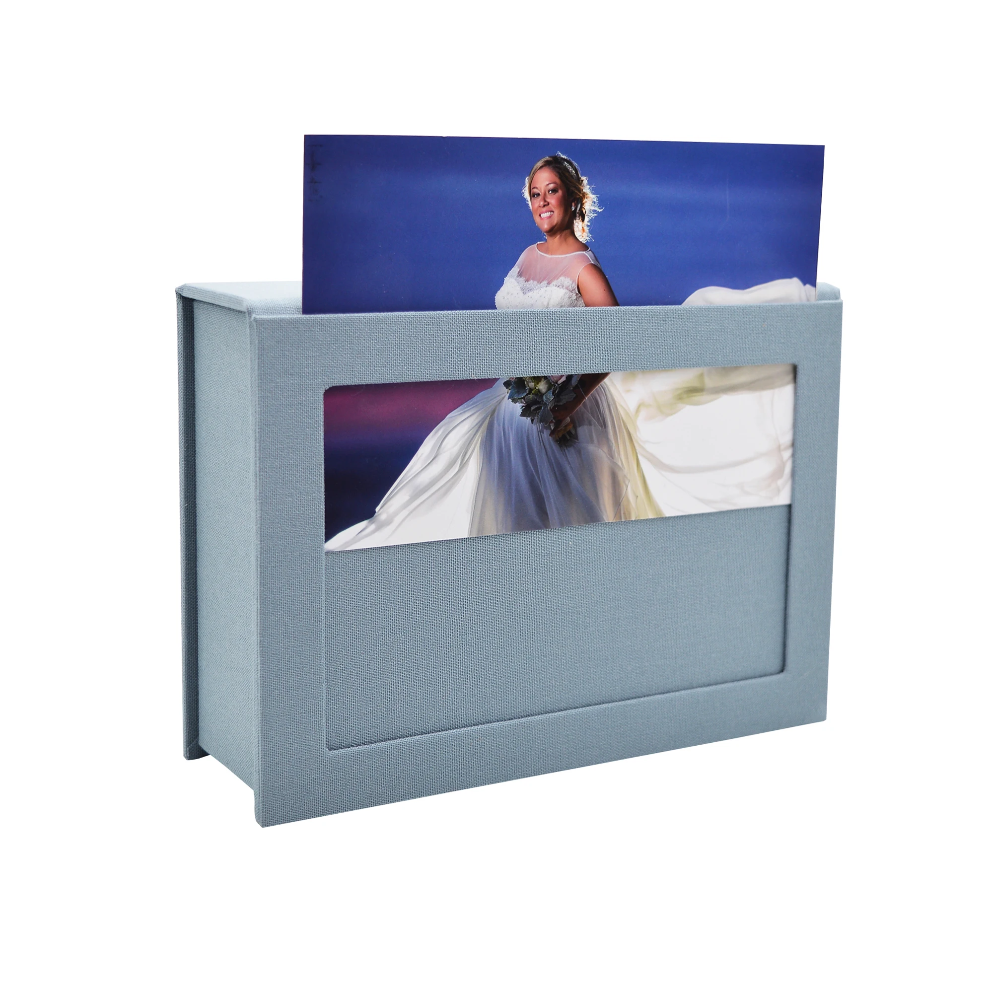 

Хранение свадебных фотографий на заказ с крышкой для печати, льняная коробка для фотографий ручной работы, синие льняные коробки SKy