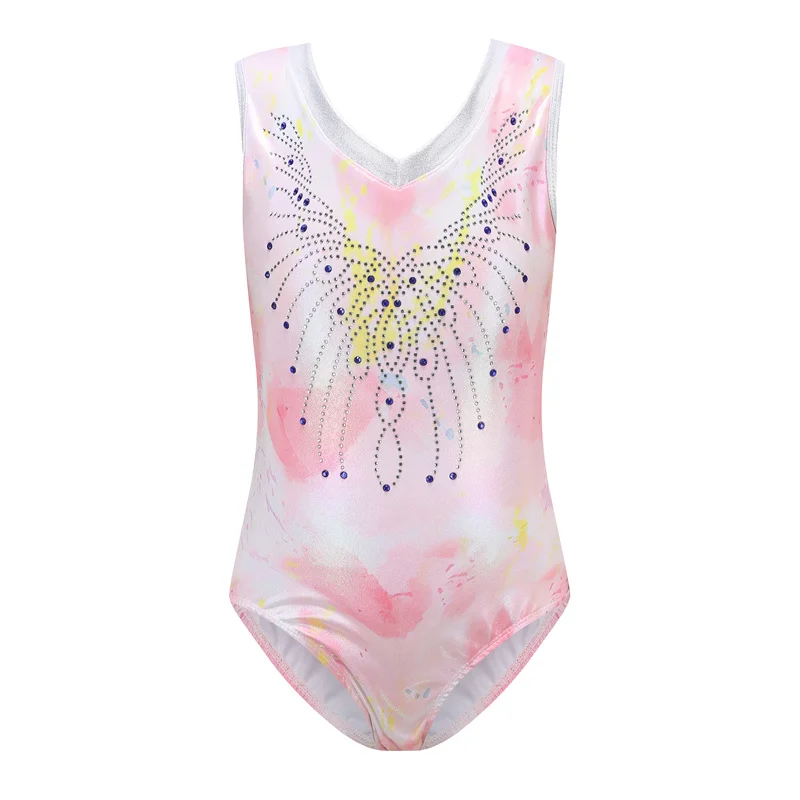 Offre spéciale de haute qualité enfants filles enfants brillant sans manches strass ensembles de gymnastique justaucorps métalliques avec short