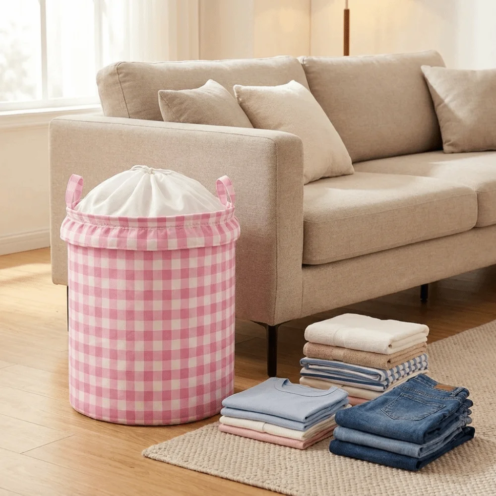 Large Capacity Ruffled Edge Laundry Basket Folding Space Saving Drawstring Storage Basket Dust-proof with Handle Toys Organizers