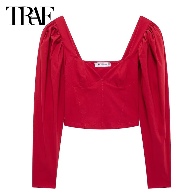 TRAF Red Crop Top Women 2024 Corset Long Sleeve Shirts Summer Shirts & Blouses Backless Shirt Pretty And Elegant Women's Blouses