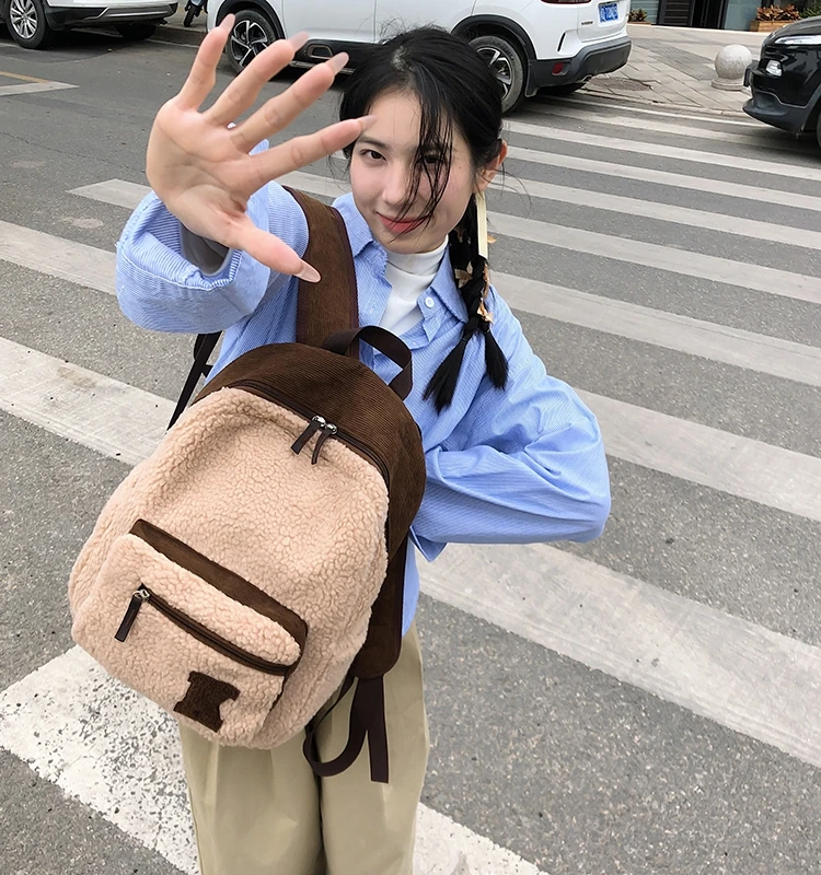 

Korean Sle Lamb Fur Bapa Large Capaci School Bag for Middle And High School Girls Double oulder Bag Sweet College S...