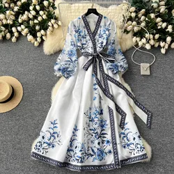 Franse Prachtige Bloem Vakantie Lange Jurk Dames V-Hals Lange Lantaarn Mouw Veters Vintage Maxi Gewaden Feest Vestidos Kleding