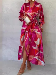 2024 Autumn New Print Dresses Women Long Sleeve V-neck Leace-up Slit Dress Fashion Temperament Elegant Lady Commuting Vestidos