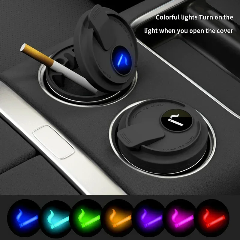 New Car Ashtray Creative Coffee Cup Style Car Ashtray with Lid 7 Color LED Light Metal Lining & ABS Shell Garbage Storage Cup