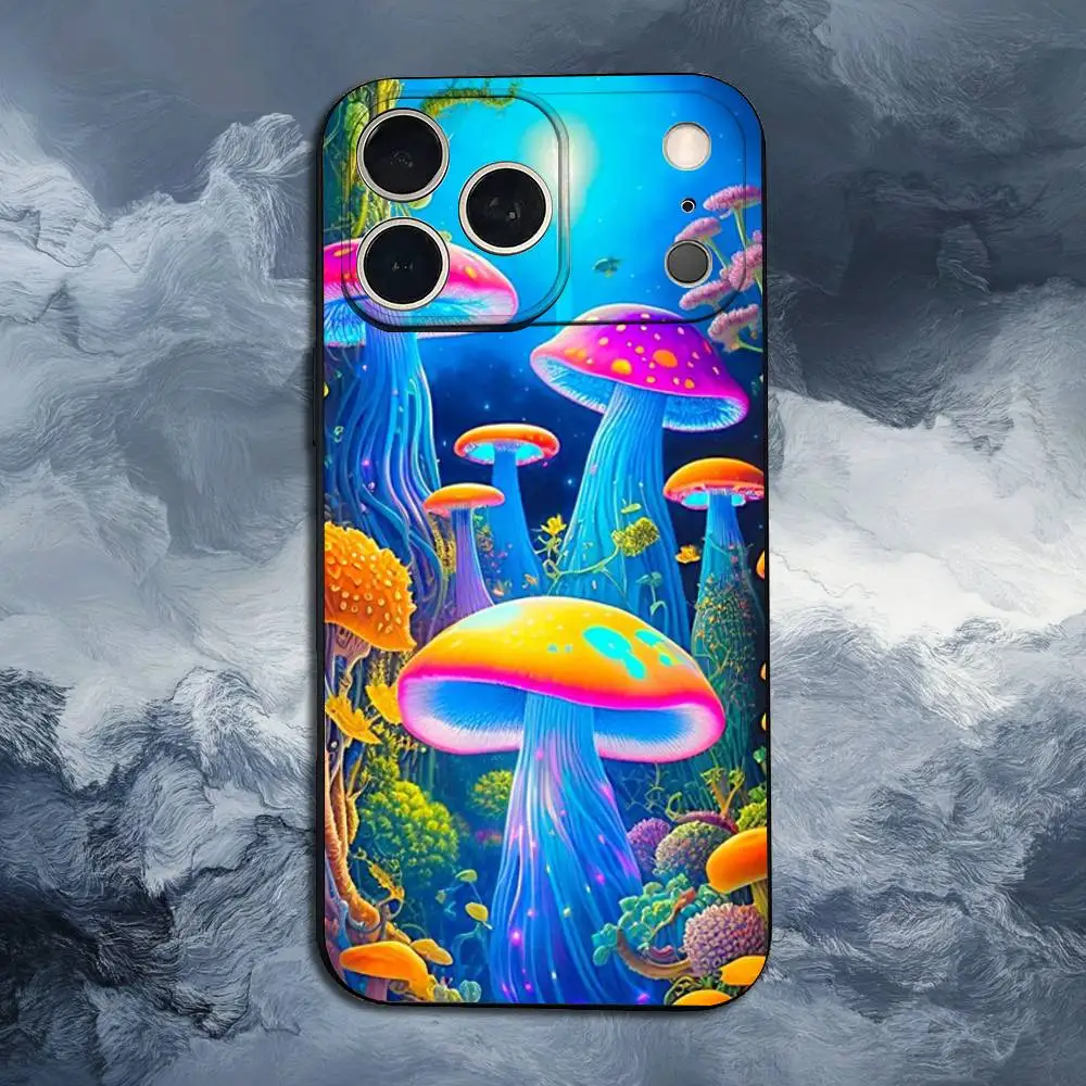 Cogumelo trippy de planta estranho para iPhone 8,7,11,12,15,14,13,16,17,Plus,Pro Max, XS, X, XR, SE, Mini, capa preta de silicone macio