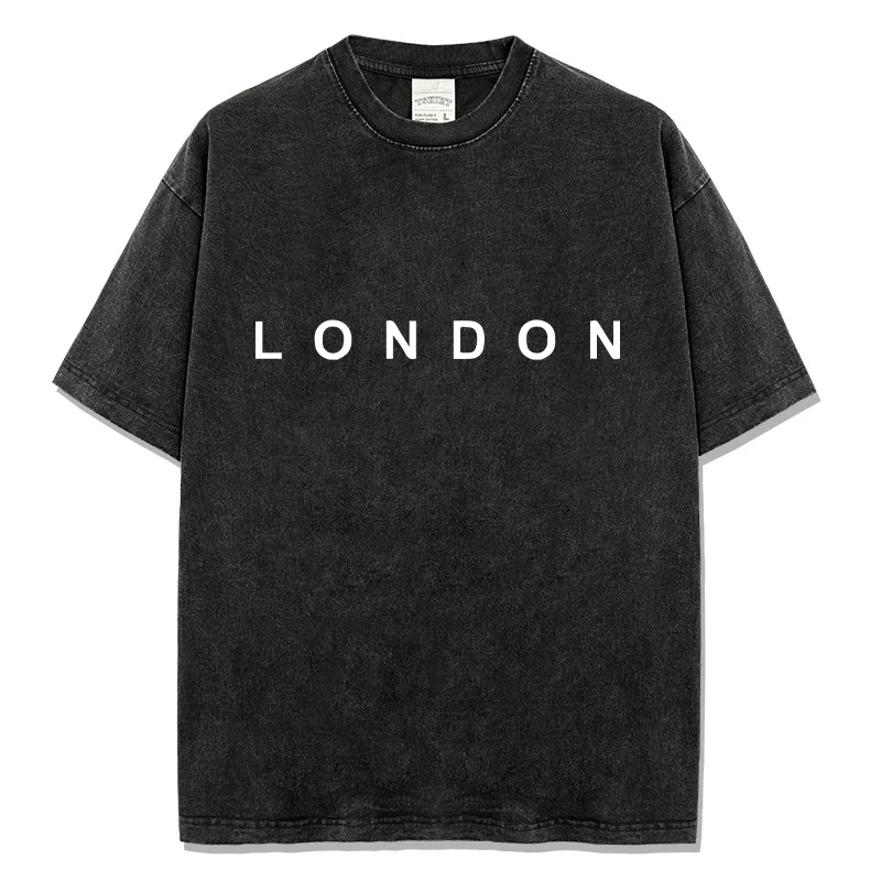 

Summer Men's Casual T-shirt Washed Color Designer Short Sleeve T Shirt London Letters Print Pure Cotton Comfortable Male Tops
