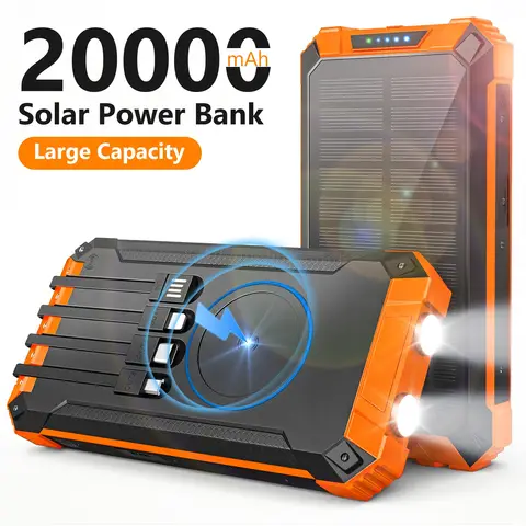 20000mAh Portable Solar Power Bank Dual LED Lights 4 Built-in Cables Fast Charging for iPhone Android Phones AirPods