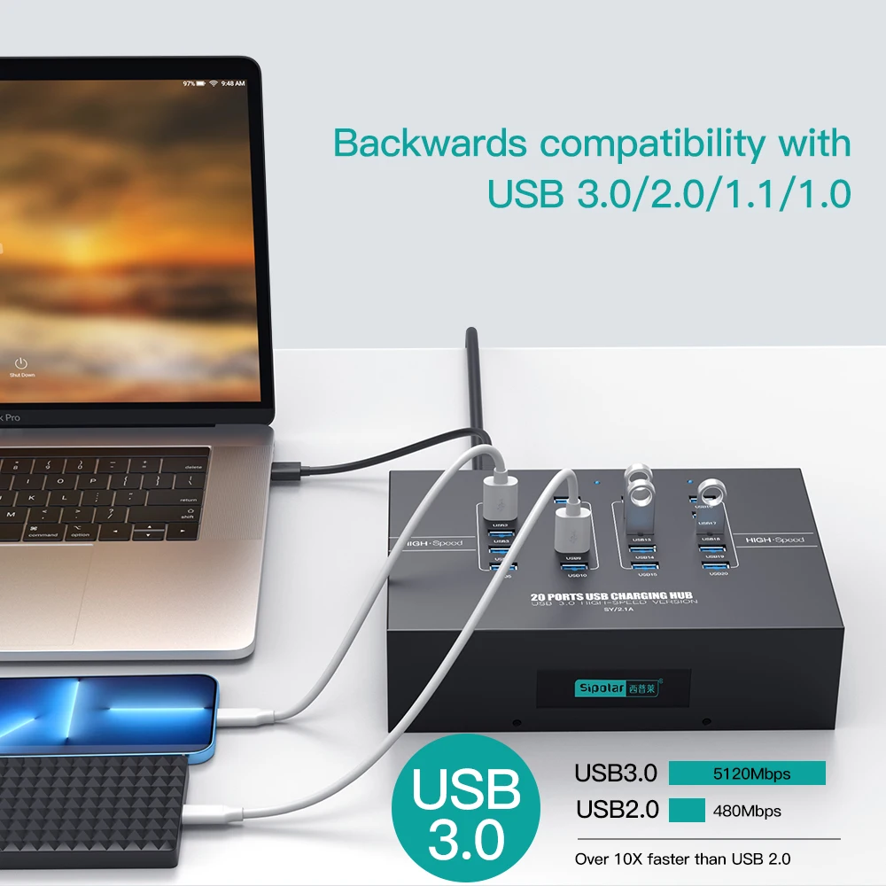 Sipolar A-223 20 Port USB 3.0 Metal Hub for PSP Computers Phones-Charger Station with Data Transfer in Stock