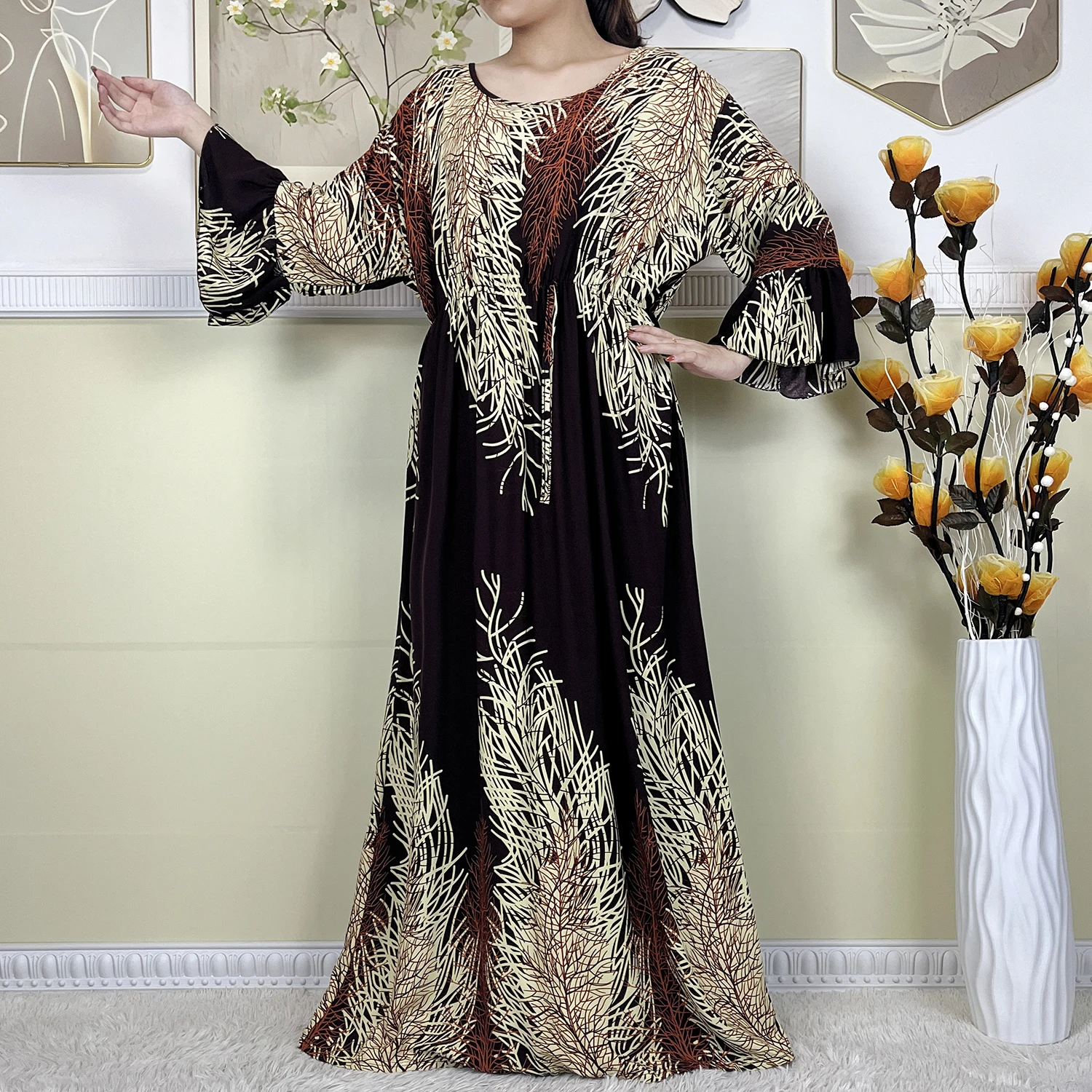 2024 New Dubai Fashion Party Women Long Sleeve Dashiki Soft Cotton Floral Dress Printing Loose Lady Robe African Casual Abaya