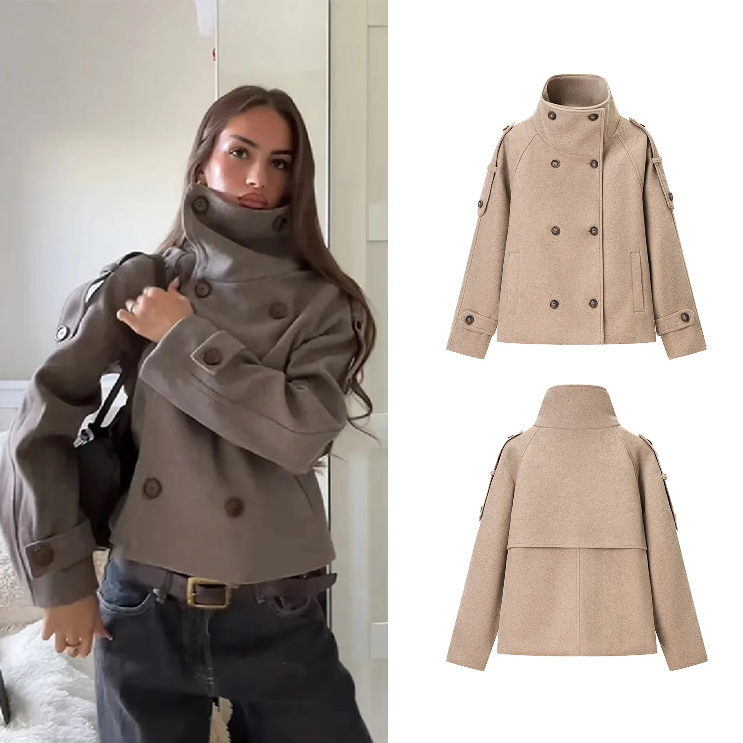 

Women Stand Collar Autumn Winter Woolen Coat Female Spring Single Breasted Loose Long Sleeve Casual Jacket Streetwear Short Coat