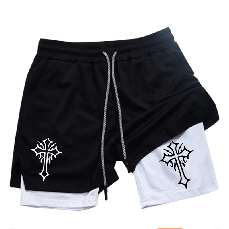 Cross Print 2 in 1 Workout Running Shorts for Men Christian Gym Athletic Shorts with Compression Liner Phone Pocket Towel Loop