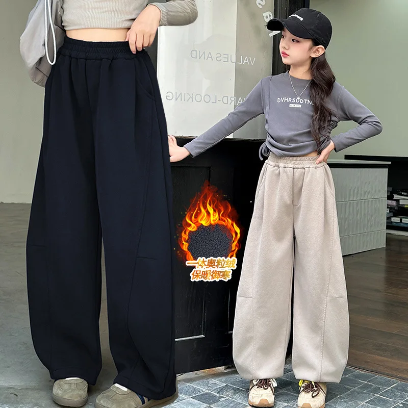 Girls\' Winter Plush-lined Casual Pants, New Autumn/Winter Collection, Loose Casual Pants for Big Kids, Winter Long Pants.