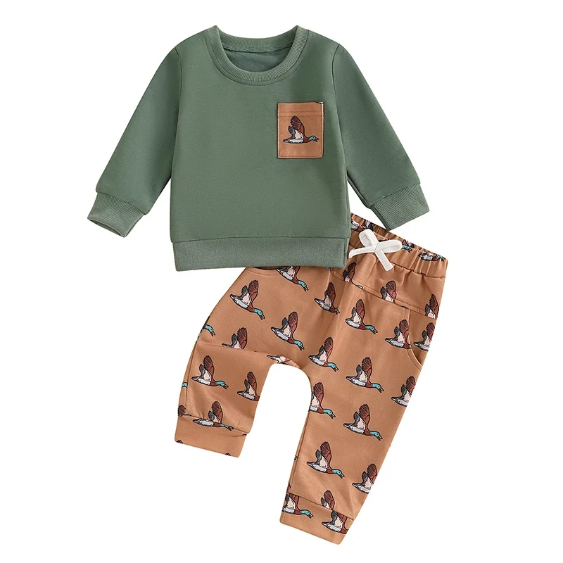 

Cathery Toddler Boys Fall Outfits Round Neck Long Sleeve Sweatshirts and Wild Duck Print Long Pants 2Pcs Clothes Set