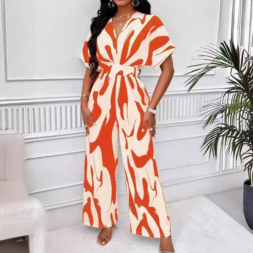 بدلة قفز جديدة لربيع وصيف 2025 بأكمام قصيرة ومطبوعة بخصر واسع الساق للنساء في أوروبا والولايات المتحدة #4