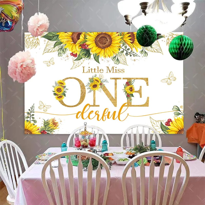 Sunflower 1st Birthday Backdrop for Girl Little Miss Onederful Party Decorations Photography Background Gold Sprinkle Baby Photo