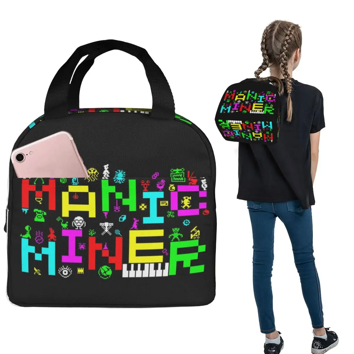 

Manic Miner ZX Spectrum Busy Insulated Lunch Bag for Women Children Portable Food Boxes Thermal Lunch Box Tote