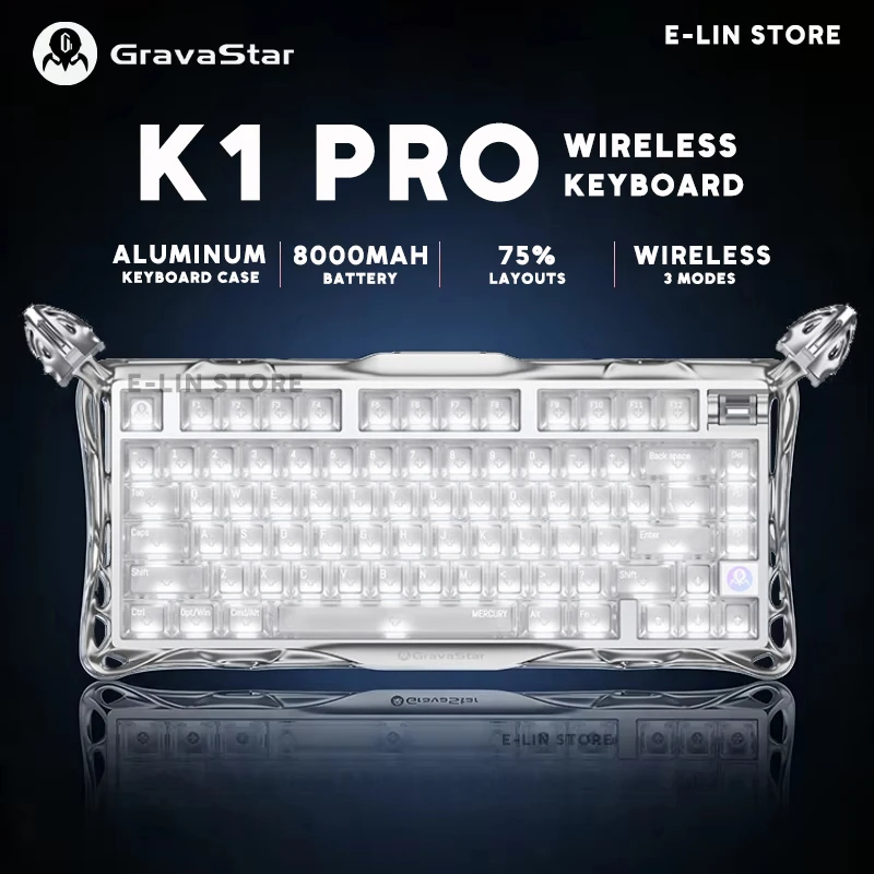 Teclado mecânico sem fio Gravastar Mercury K1 Pro, em alumínio, para jogos, 75%, Bluetooth, 2,4 GHz, com fio, RGB, teclas substituíveis, ideal para jo