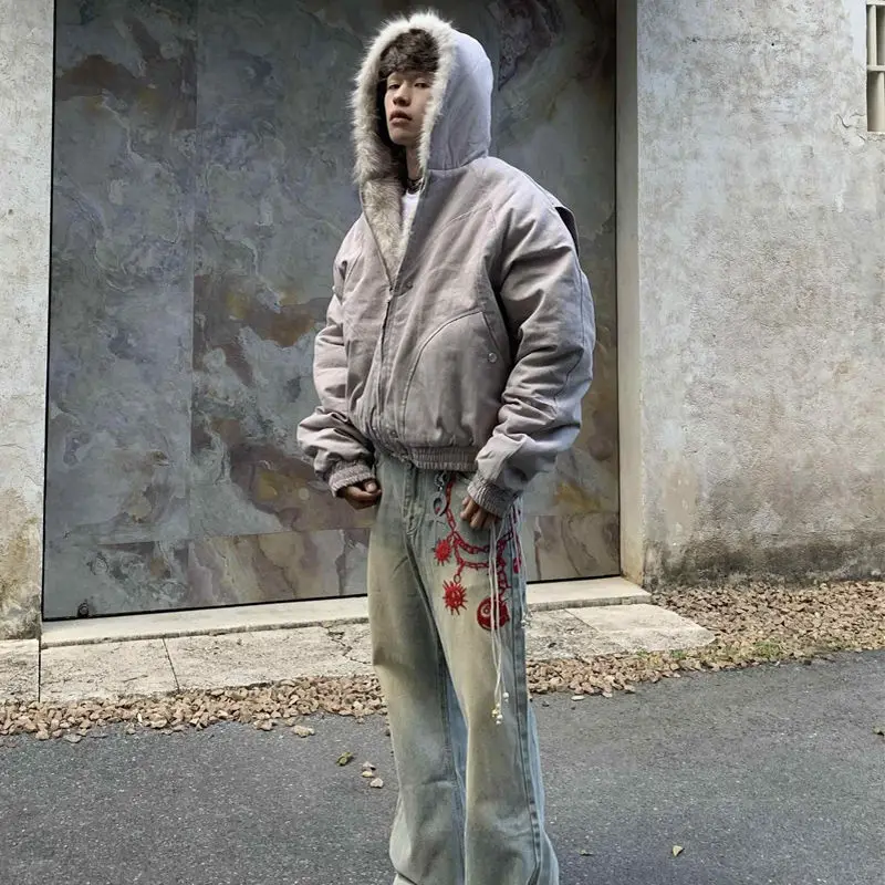 Rua hip-hop gótico harajuku jaqueta oversize casaco americano retro gola de lã com capuz jaqueta de algodão inverno grosso pelúcia topo masculino