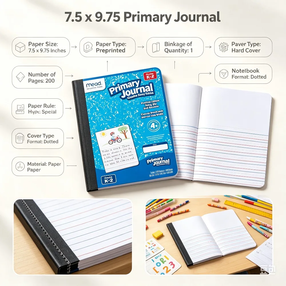 Primary Journal Half Page Ruled Writing Tablet, K-2 Composition Notebook with Picture Space, 200 Pages, Hard Cover for Kindergarten, 1st & 2nd Grade Students
