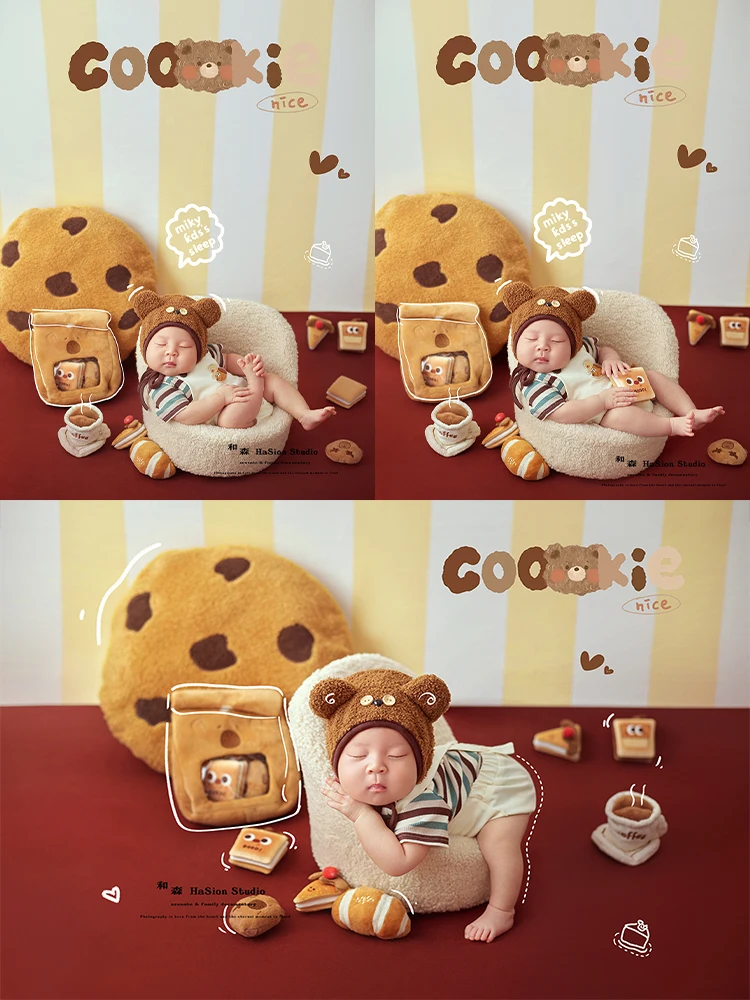 

Cookie Theme Newborn Photography Props Baby Bear Hat+costume Set Plush Cookie Doll Props for Studio Infant Shooting Accessories