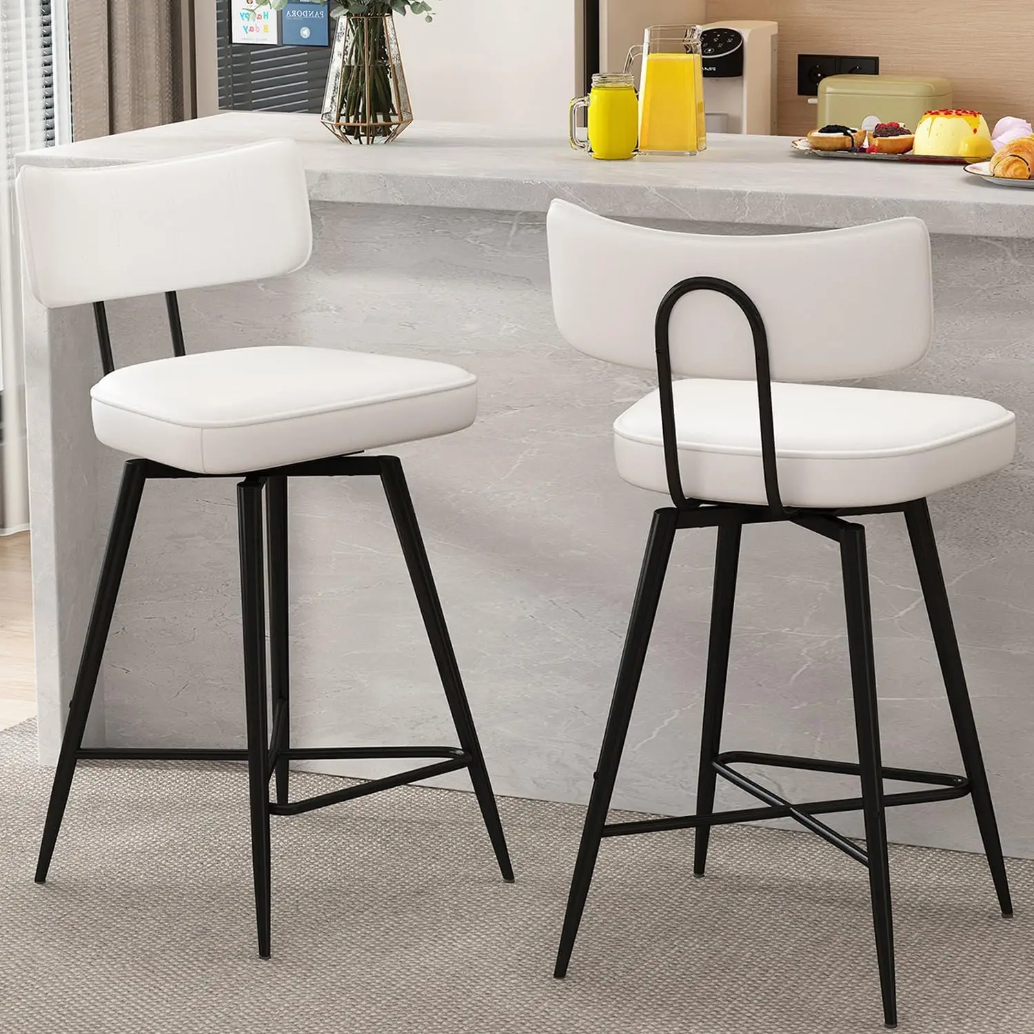 

Swivel Counter Height Bar Stools Set of 2, 26" Leather Swivel Bar Stools with Backs, Metal Legs, Modern Stools for Kitchen Count