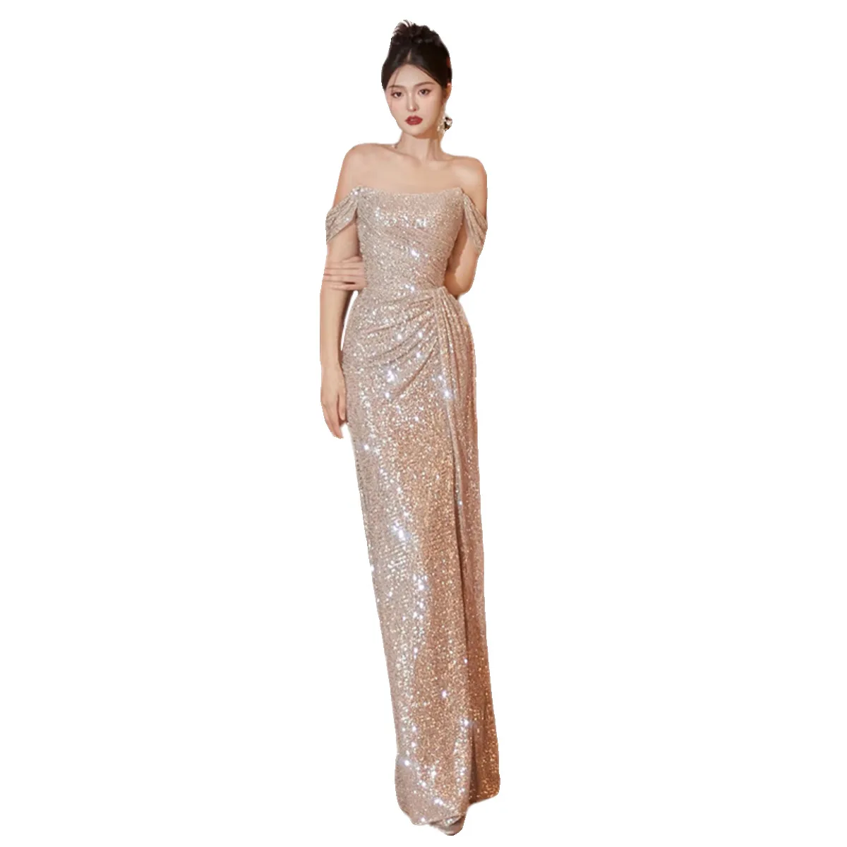 2024 Elegant Gown Dress Off Shoulder Maxi Dress Sequin Pleated Waist Tight Evening Party Dress Sexy Split Long Dreses