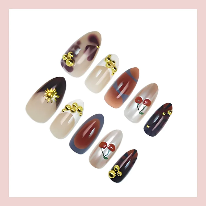 24개입 3D 체리 아몬드 가짜 손톱 팁 가을 겨울 앰버 프렌치 인조 손톱 접착제 포함 골든 다이아몬드 프레스온 네일 풀커버