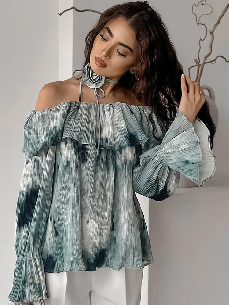 Aynaray Women Autumn Winter 2024 Tie Dye Printed Blouse Strapless Long Sleeve Loose Fit For Shirt Woman