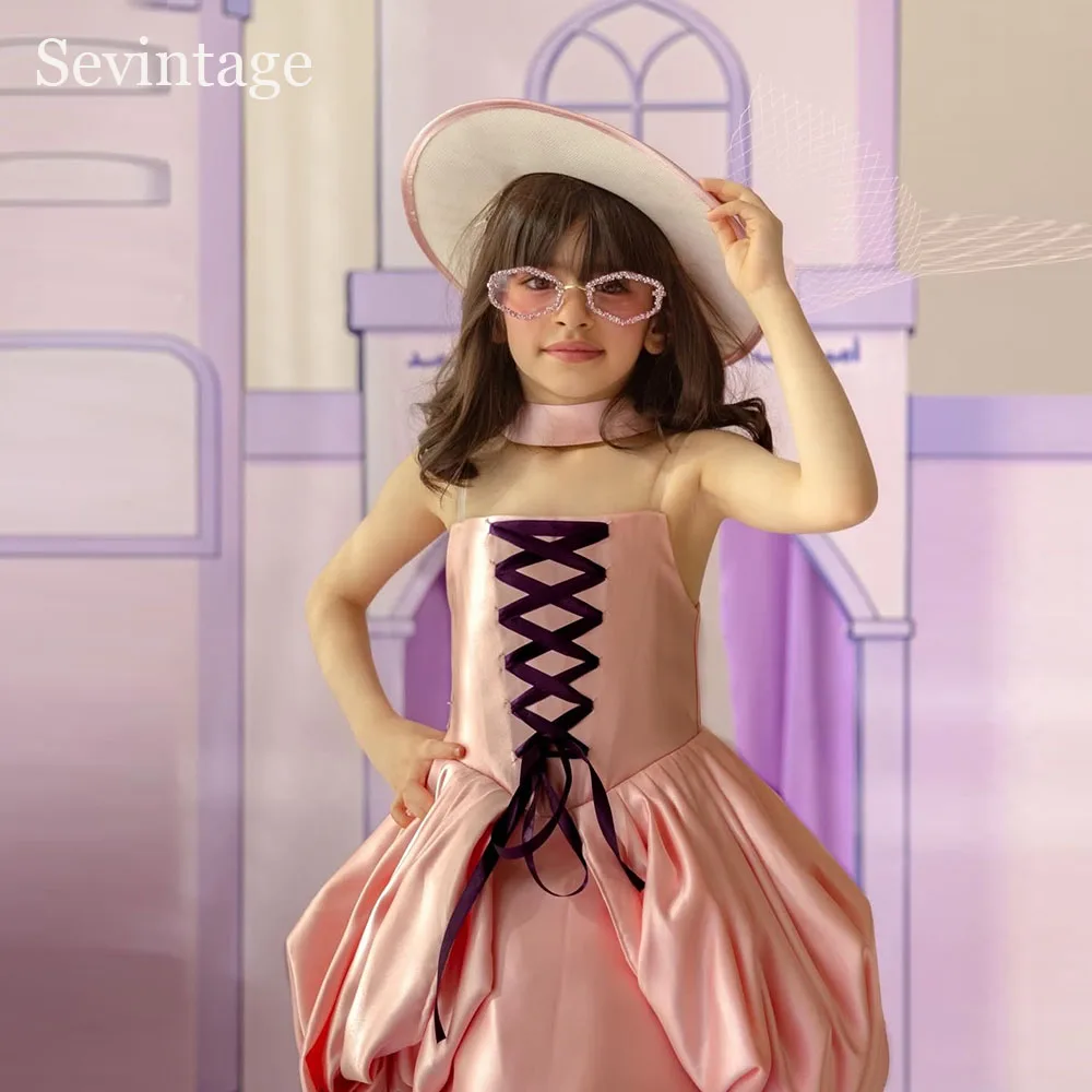 

Sevintage Pink Satin Flower Girl Dresses Cute Lace-up A-Line Birthday Party Dresses For Kids Sleeveless Girl Dresses Customized
