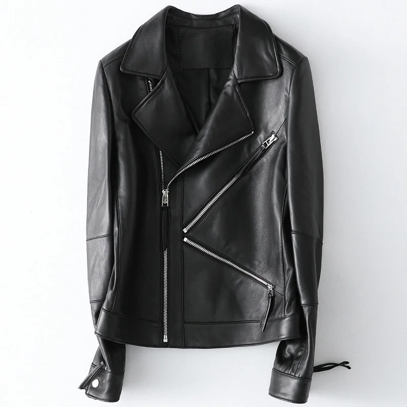 Leather Genuine Multi Zippers Jacket Women Streetwear Motorcycle 100% Lambskin Real Leather Slim Coat High Quality Lady Clothes