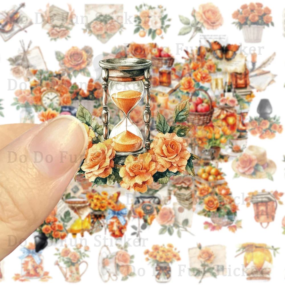 50PCS Retro Orange Art PET Sticker Waterproof Oil Proof Orange Rose Butterfly Maple Leaf DIY Scrapbook Cup Phone Collectible