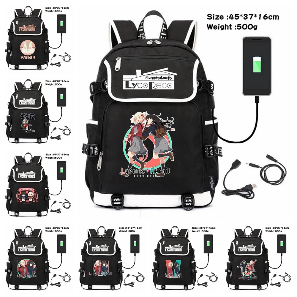 Anime Lycoris Recoil Backpacks Black Shoulder Bags Men Women Backpacks USB Rucksack Travel Bags Casual Teens School Bags