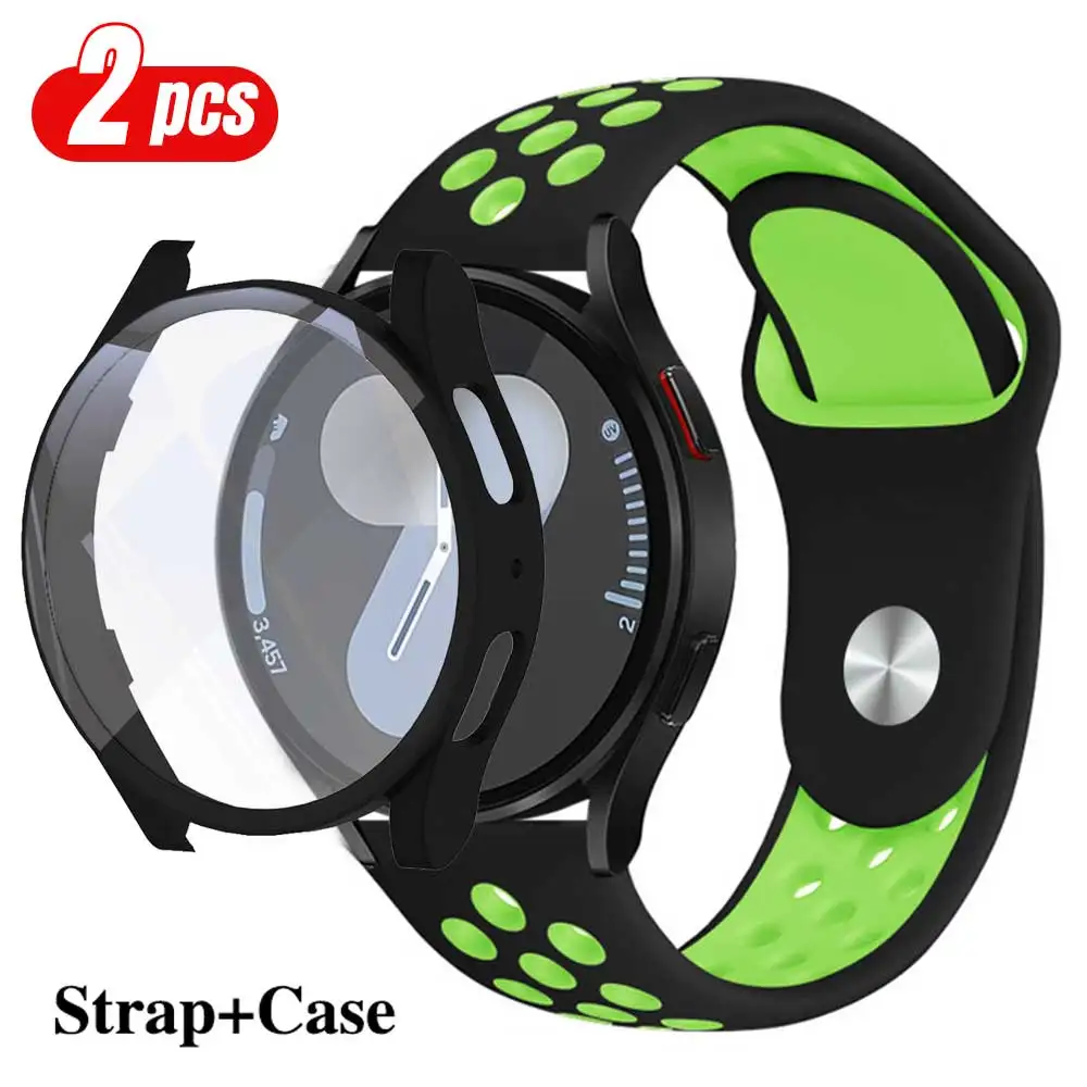 Silicone strap+case for Samsung Galaxy watch 7 6 5 4 40mm 44MM 2 pack PC cover+Tempered Glass+sport hole bracelet on 20mm Bands