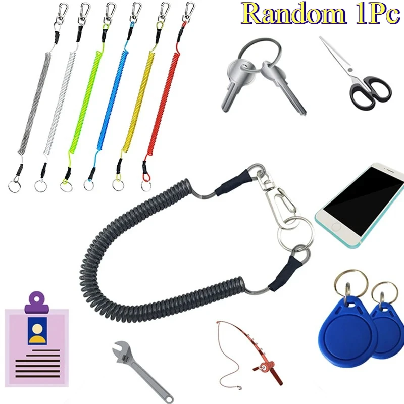 Random 1Pc 1.2m/2m/3m Extendable Fishing Spring Rope Security Elastic Climbing Steel Wire Keychain Hiking Fishing String Lanyard