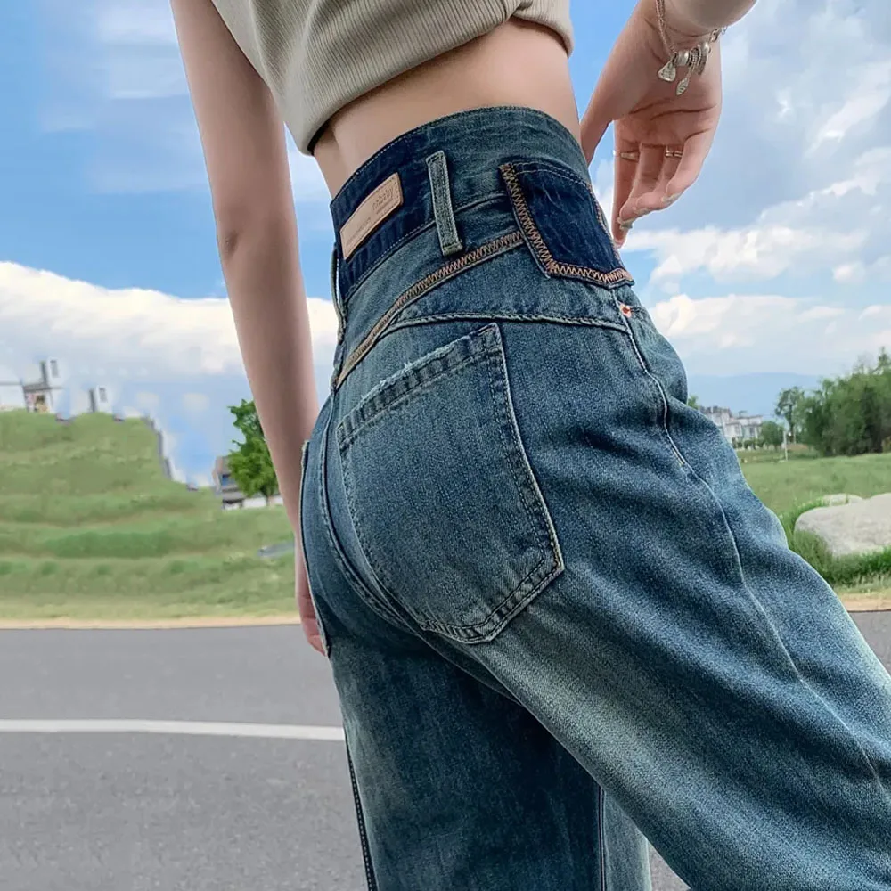 Vintage Washed High Waist Jeans for Women High Street Loose Distressed Straight Wide Leg Denim Pants Korean Fashion New Trousers