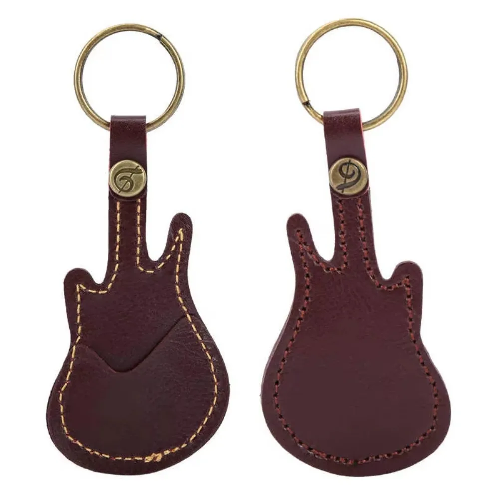 Leather Guitar Pick Bag Guitar Pick Holder Case Guitar Shape with Key Ring 5pcs Celluloid Picks String Instrument Accessories