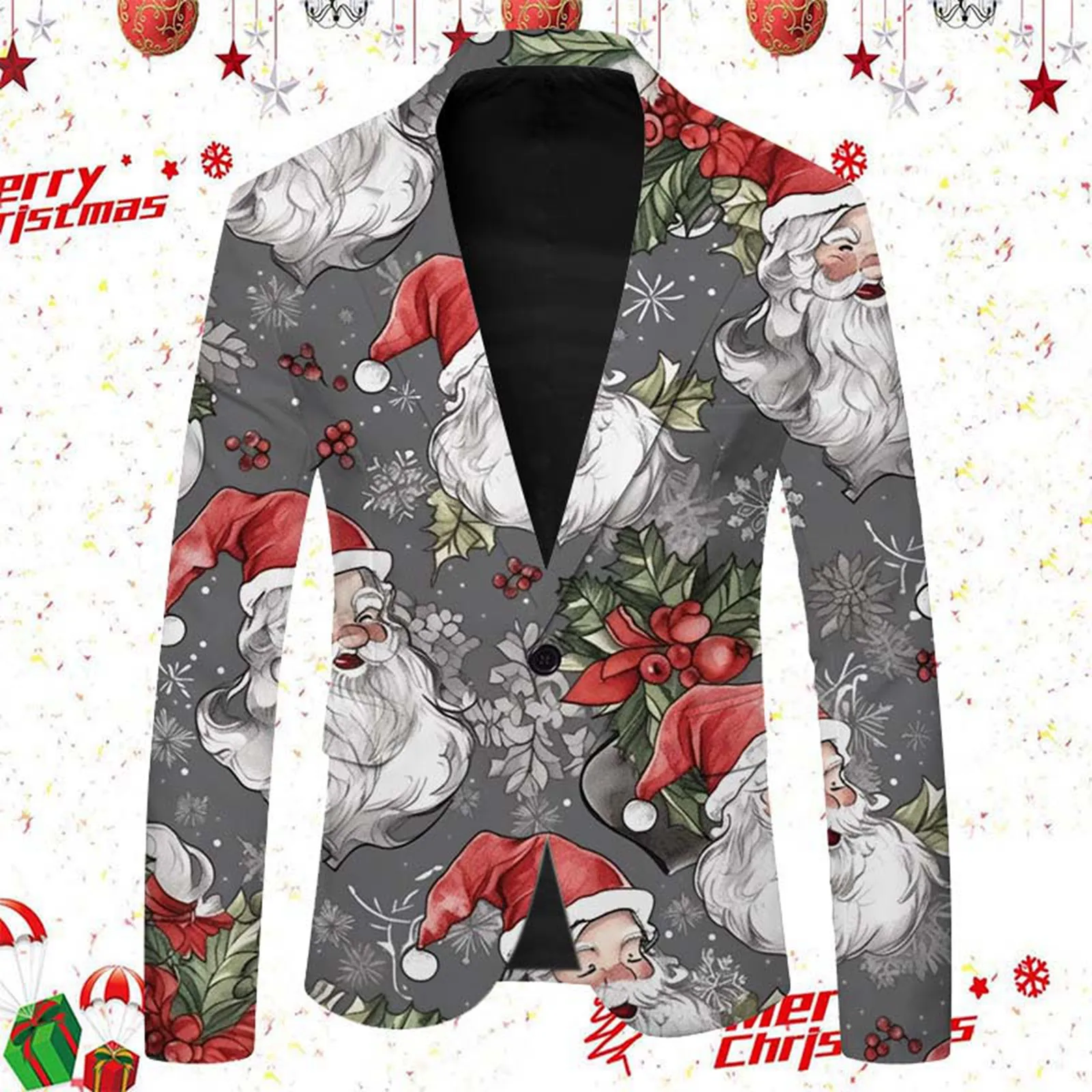 Men's Long Sleeved Lapel Button Button Suit Fashion Christmas Print Men's Coat Fitted Suit Jacket Men Pant Button