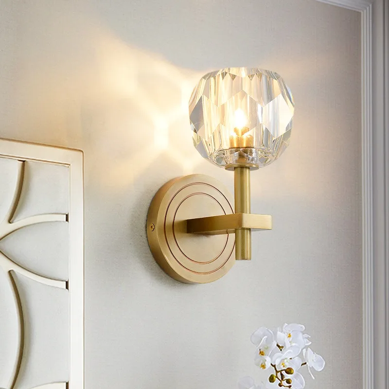 American all-copper bedside lamps Nordic post-modern simple bedroom mirror headlight living room TV wall K9 crystal wall lamp