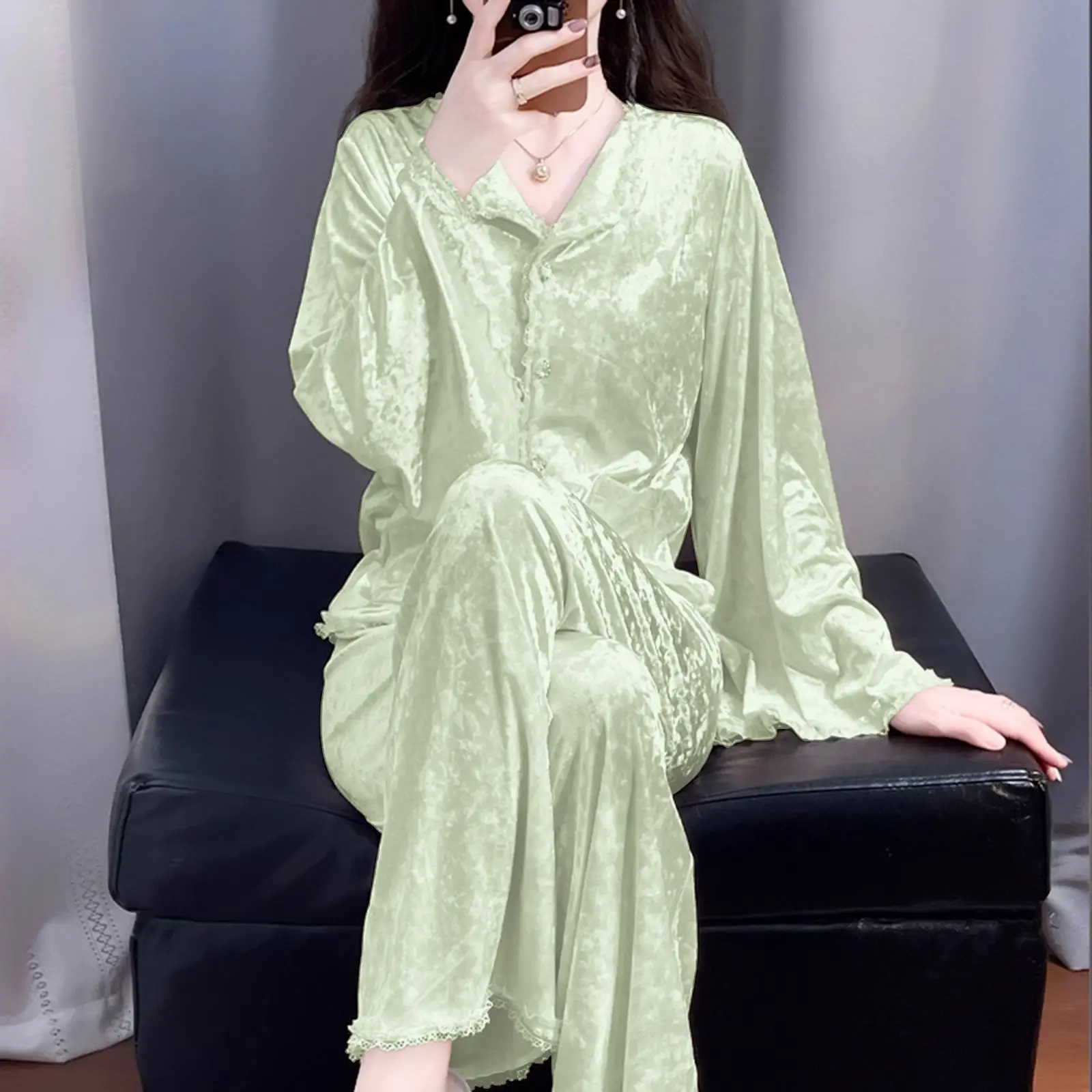 

Весенне-осенние пижамы для женщин из золотистого бархата с рукавами-колокол и кружевом, зимняя домашняя одежда из золотистого бархата с бриллиантовым узором, большие размеры, новинка 2026 года