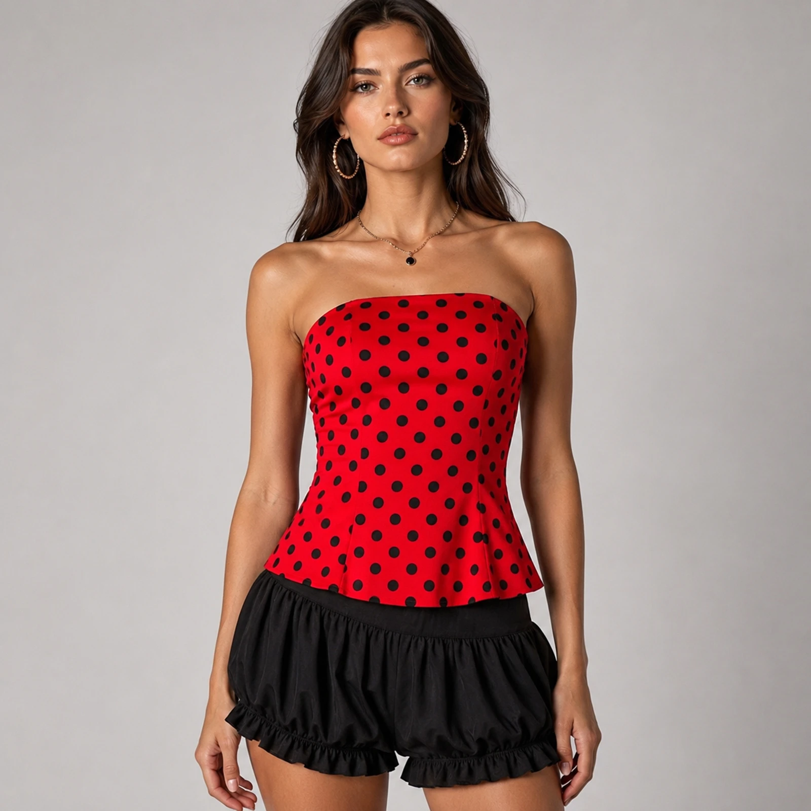 Womens Strapless Tube Tops Lace-up Bandage Hollowed Out Backless Crop Tank Tops Vintage Y2k Polka Dots Print Costumes