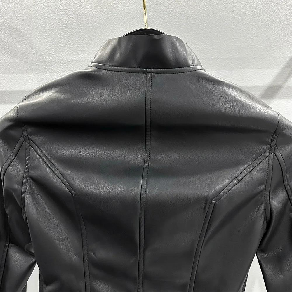 Y2k Streetwear Rick Women Leather Jackets Slim Fit Slant Zipper Design Jacket Turtleneck Leather Jacket