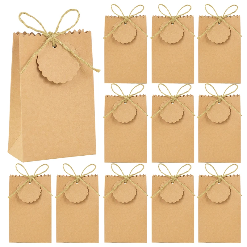 50/10pcs Kraft Paper Gift Bag With Hemp Rope Perfect For Party Weddings Birthday Holiday Candy Cookie Storage Jewelry Packaging