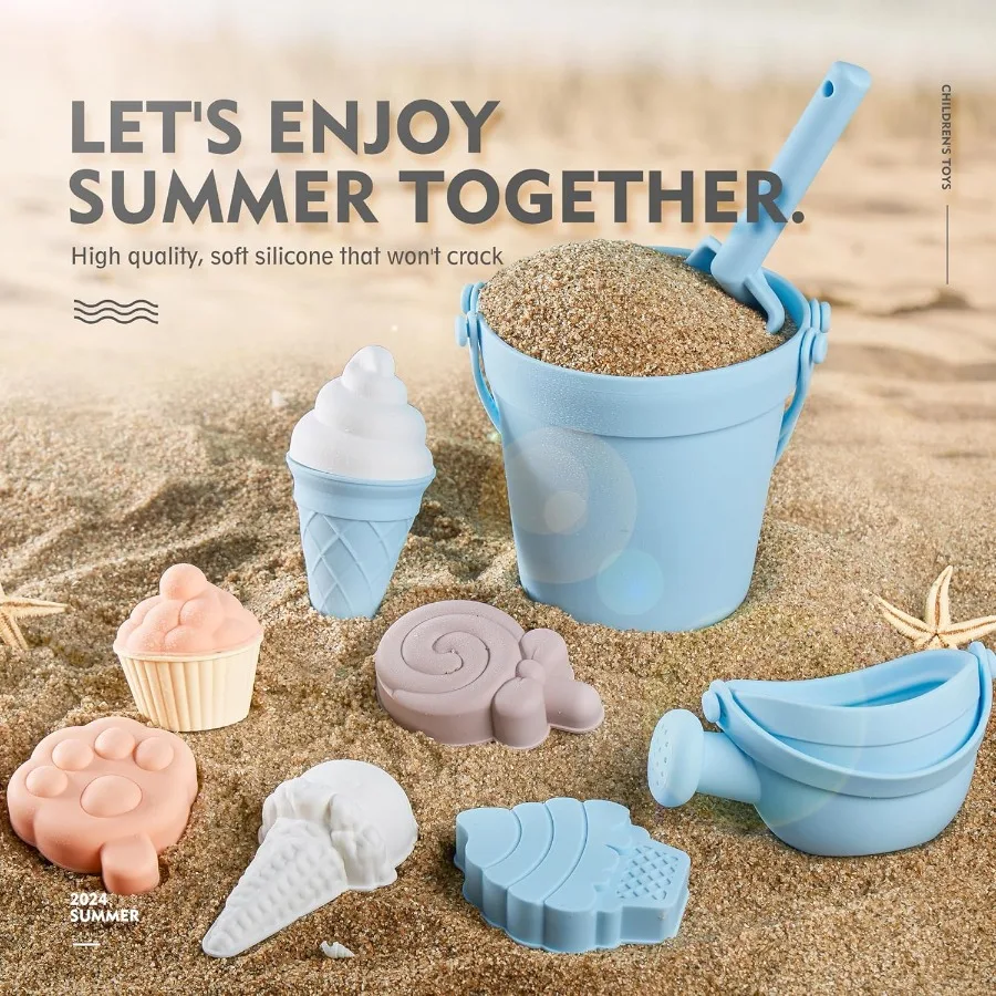 17 Uds juguetes de playa de silicona, juguetes de playa modernos para bebés, juego de playa apto para viajes, cubo de silicona, regadera, pala, 12 moldes de arena,