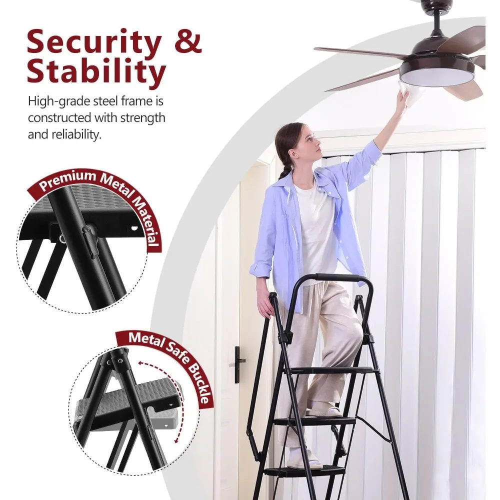 Folding 4-Step Steel Ladder with Handrails, Wide Pedals, 500lbs Capacity for Household Use, Durable and Sturdy Step Stool