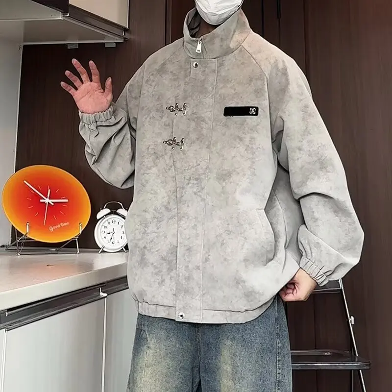 

Metal Aircrt Bule PU Leather Jaet Men's Stand Collar Spring Autumn New Sle High Street Retro Ombre Men's Faion Top