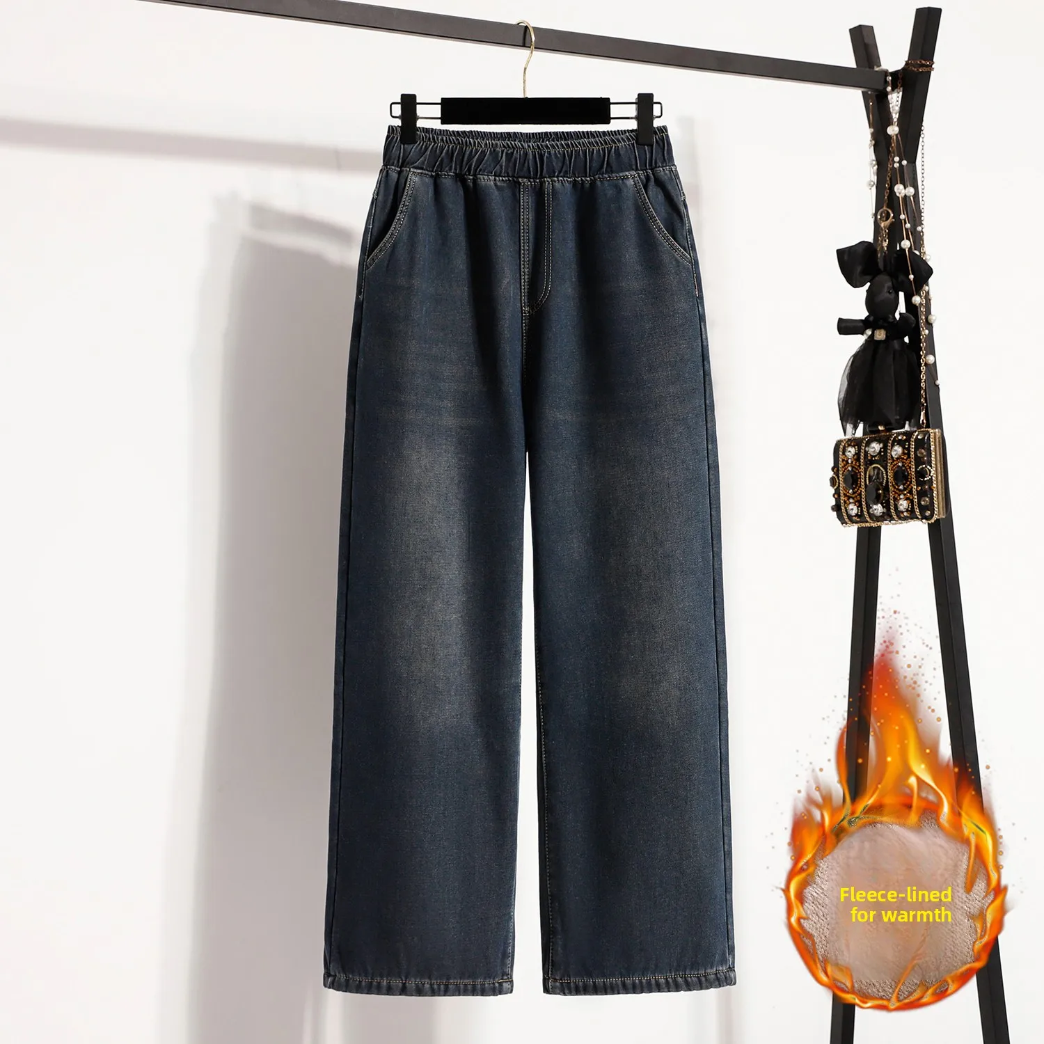 

Thiened зимние повседневные широкие джинсы, женские длинные брюки больших размеров, теплые джинсовые свободные джинсы с прямыми штанинами