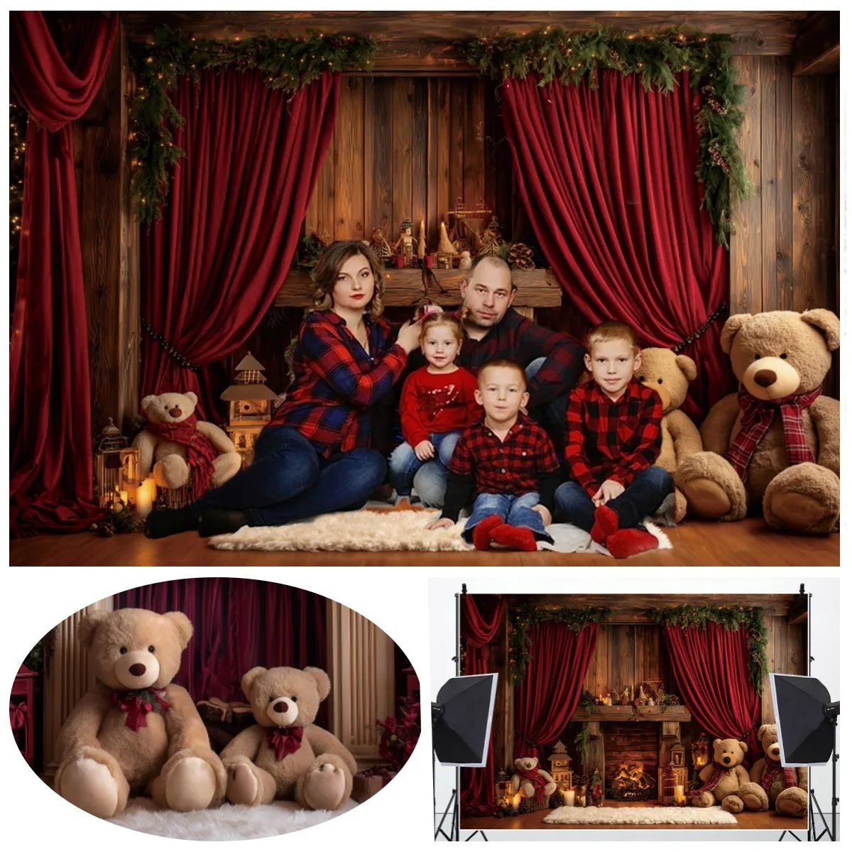 

Зимний рождественский декор: фон с медвежонком, камина, для фотосессий на день рождения, детских праздников, семейных мероприятий