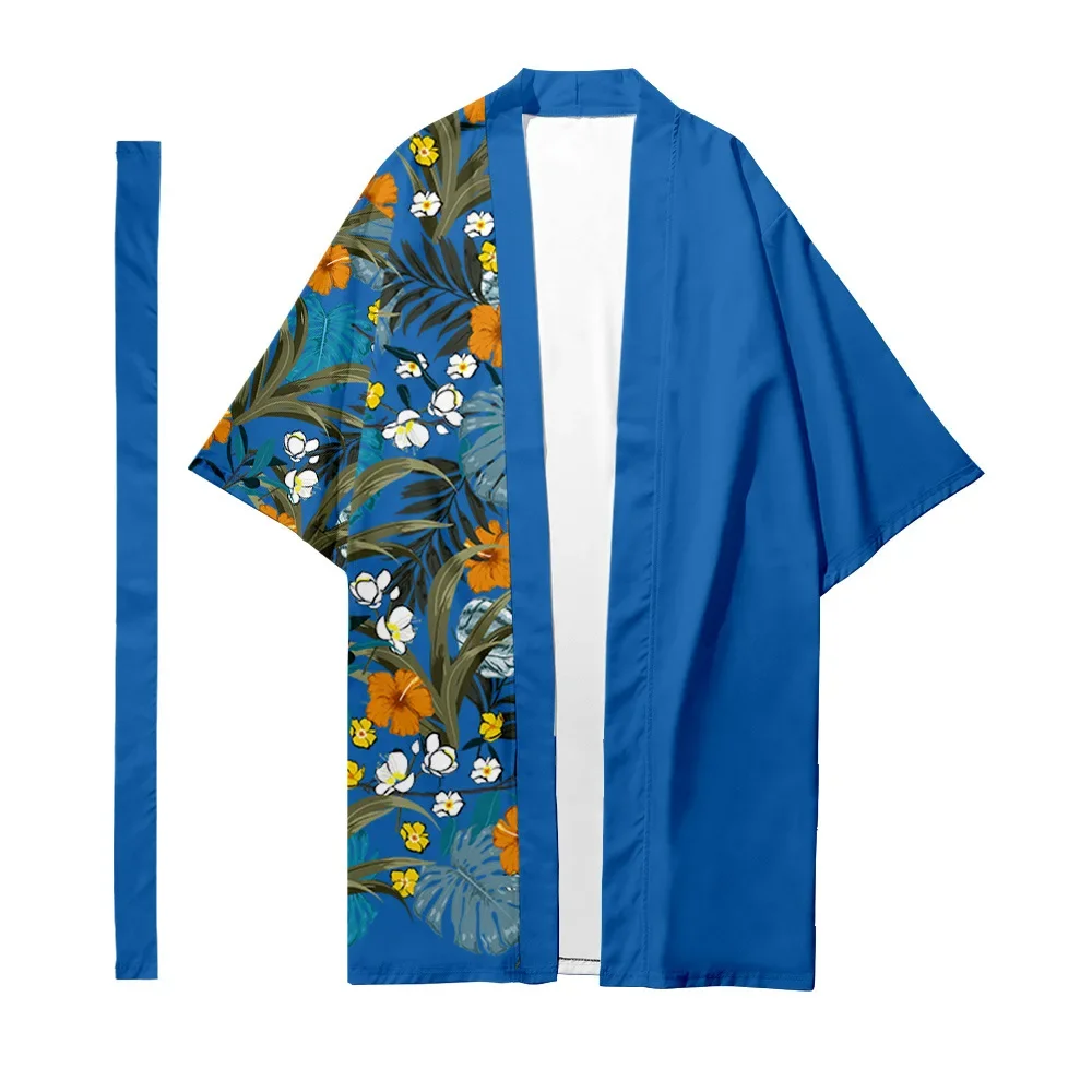 

Men's Japanese Long Kimono Cardigan Fashion Samurai Costume Kimono Tropical Plant Pattern Kimono Shirt Yukata Outer Cover 9